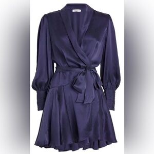New Zimmerman Silk Satin Wrap Mini Dress Navy Blue Ruffle Belted V-Neck Sz 4-6
